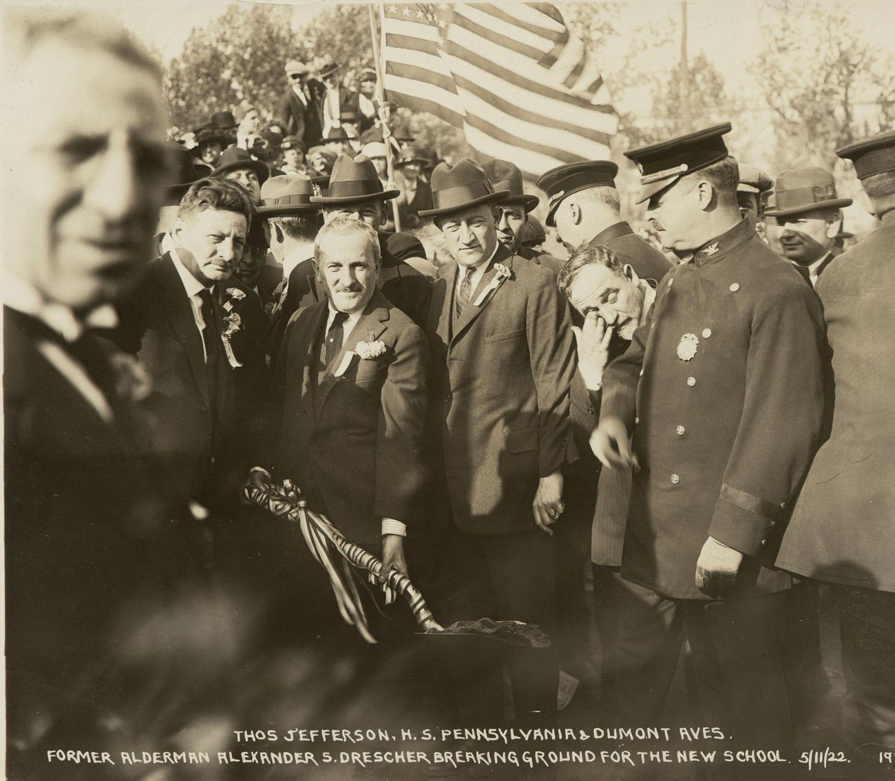 Thomas Jefferson High School, Pennsylvania and Dumont Avenues, Former Alderman Alexander S. Drescher Breaking Ground for the New School, 1922