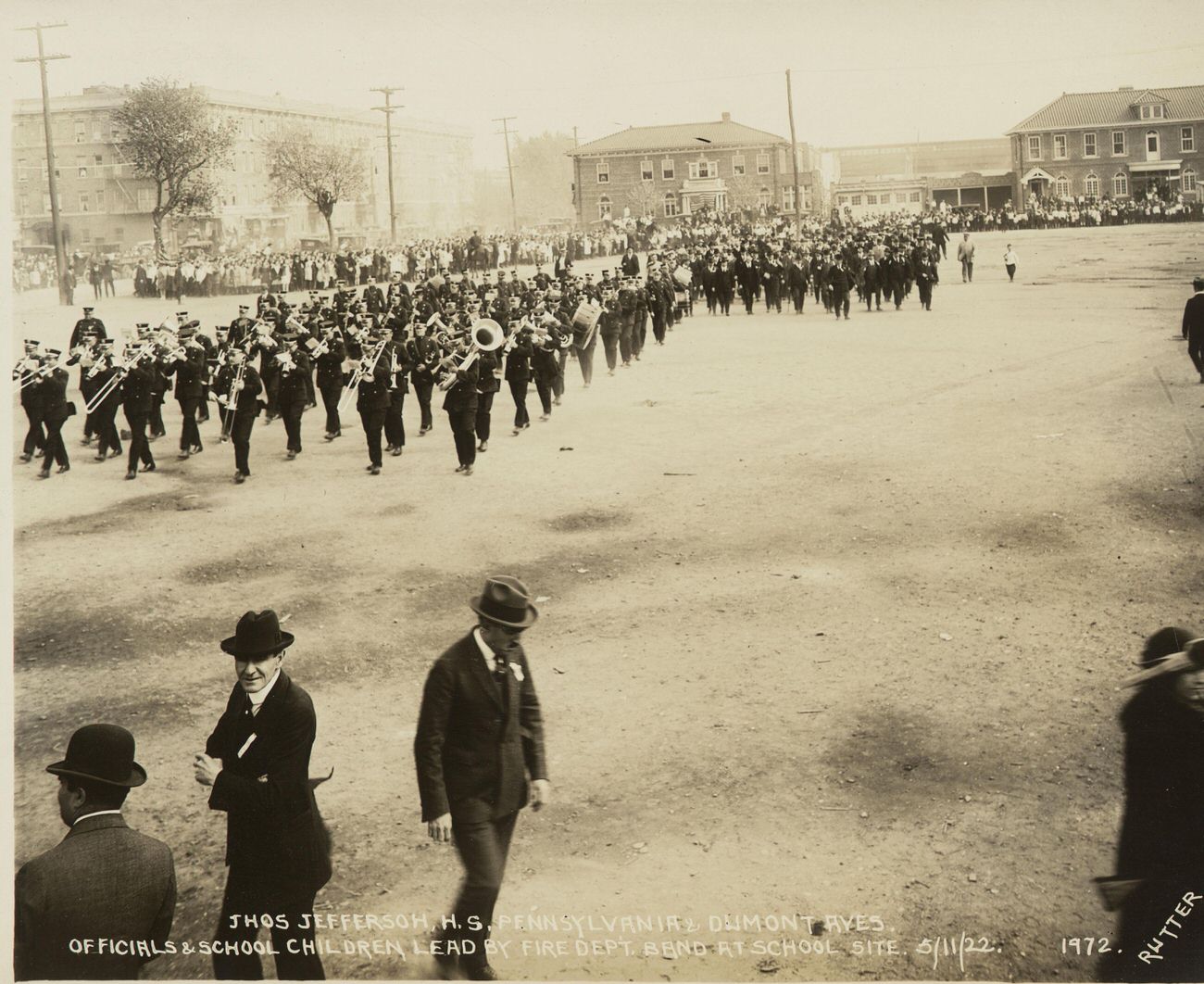 Thomas Jefferson High School, Pennsylvania and Dumont Avenues, Officials and School Children, Led by Fire Department and Band at School Site, 1922