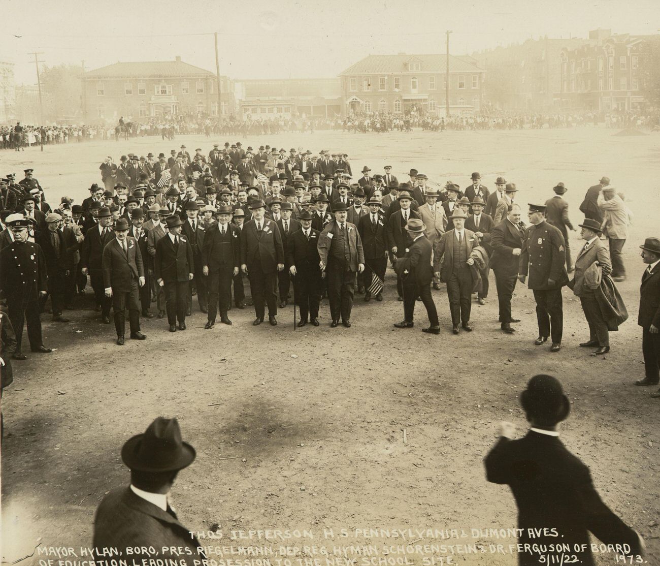 Thomas Jefferson High School, Pennsylvania and Dumont Avenues, Mayor Hylan, Borough President Riegelman, Deputy Register Hymen Shorenstein and Dr. Ferguson of the Board of Education, Leading Procession to the New School Site, 1922