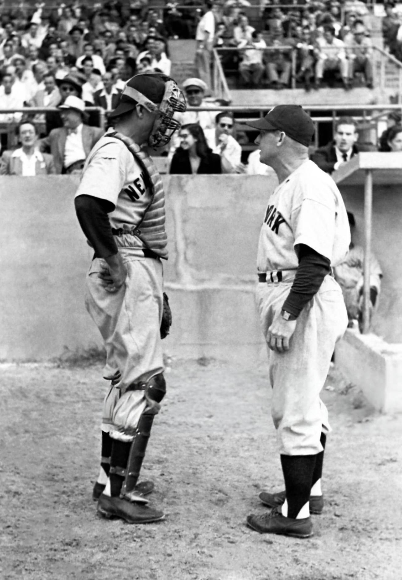 Yogi Berra talking to Charlie Dressen, 1948.