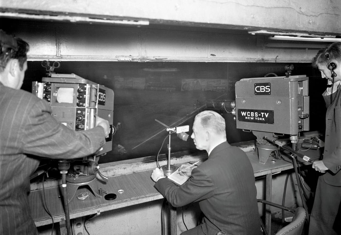 Red Barber broadcasting a Dodgers game, 1948.