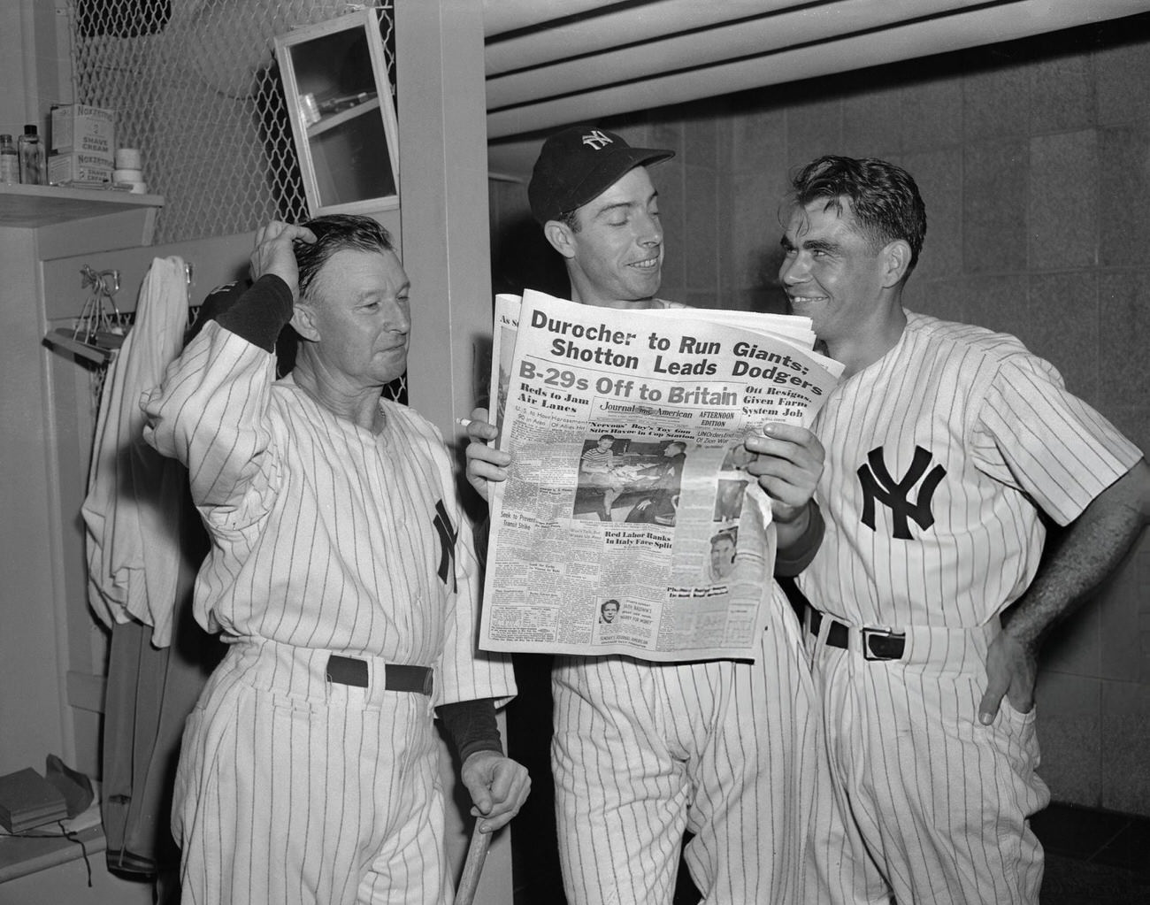 Joe DiMaggio with Chuck Dressen and Charley Keller, 1940s.