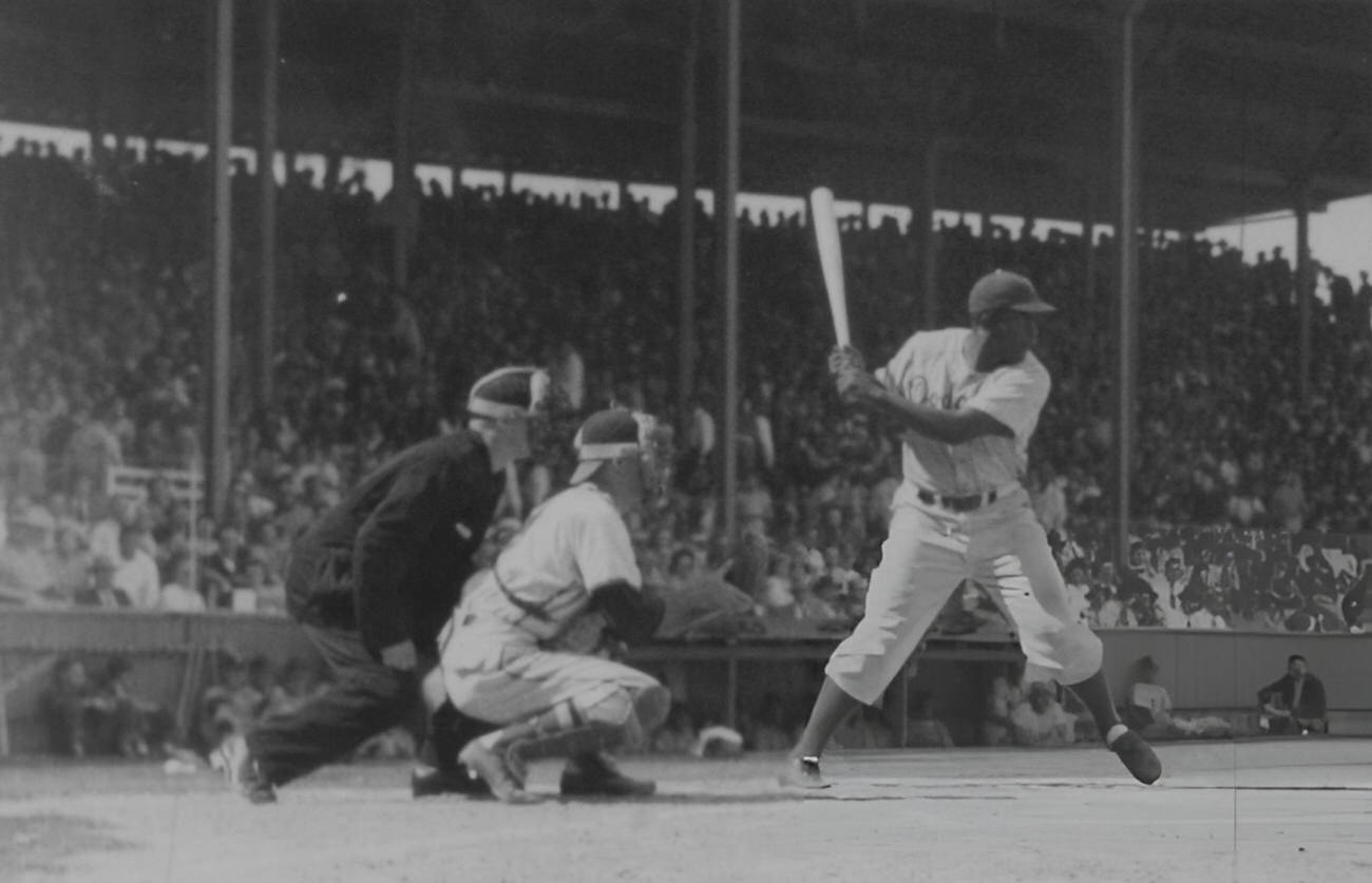 Jackie Robinson at bat for the Dodgers, 1948.