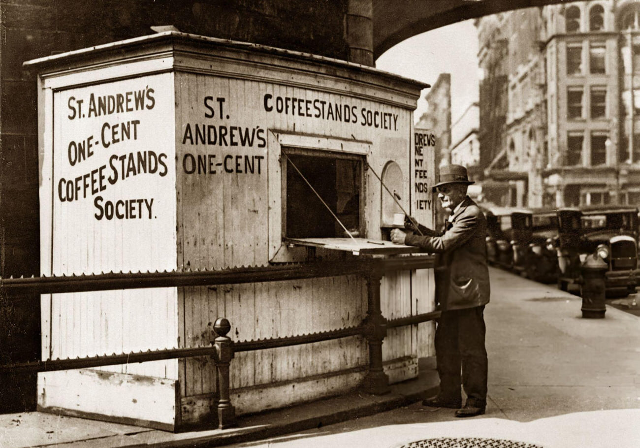 A coffee stand offering coffee for 1 cent, 1933.