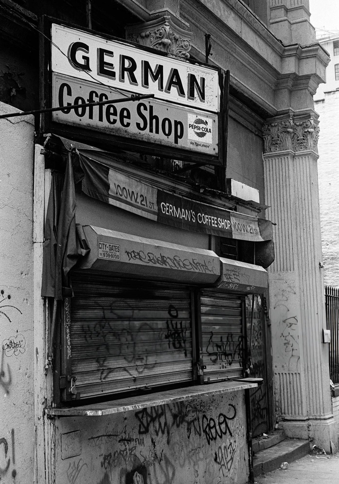 A German coffee shop sign at 100 West 21st Street, Manhattan, 1986.