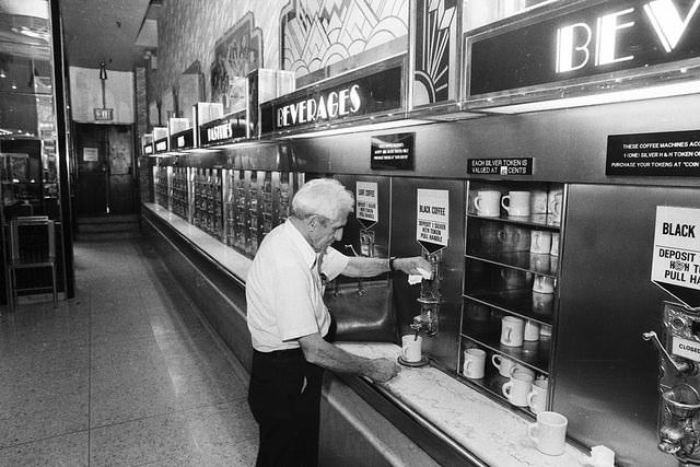 Coffee at one of the last Horn & Hardart Automats. 1987