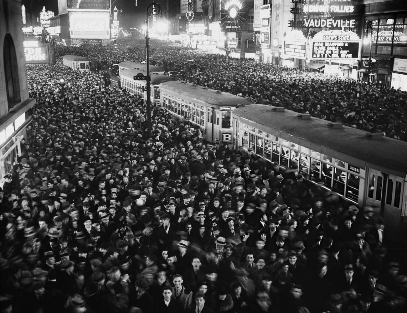 Aerial view of a New Year's Eve crowd in Times Square, New York City, 1938.