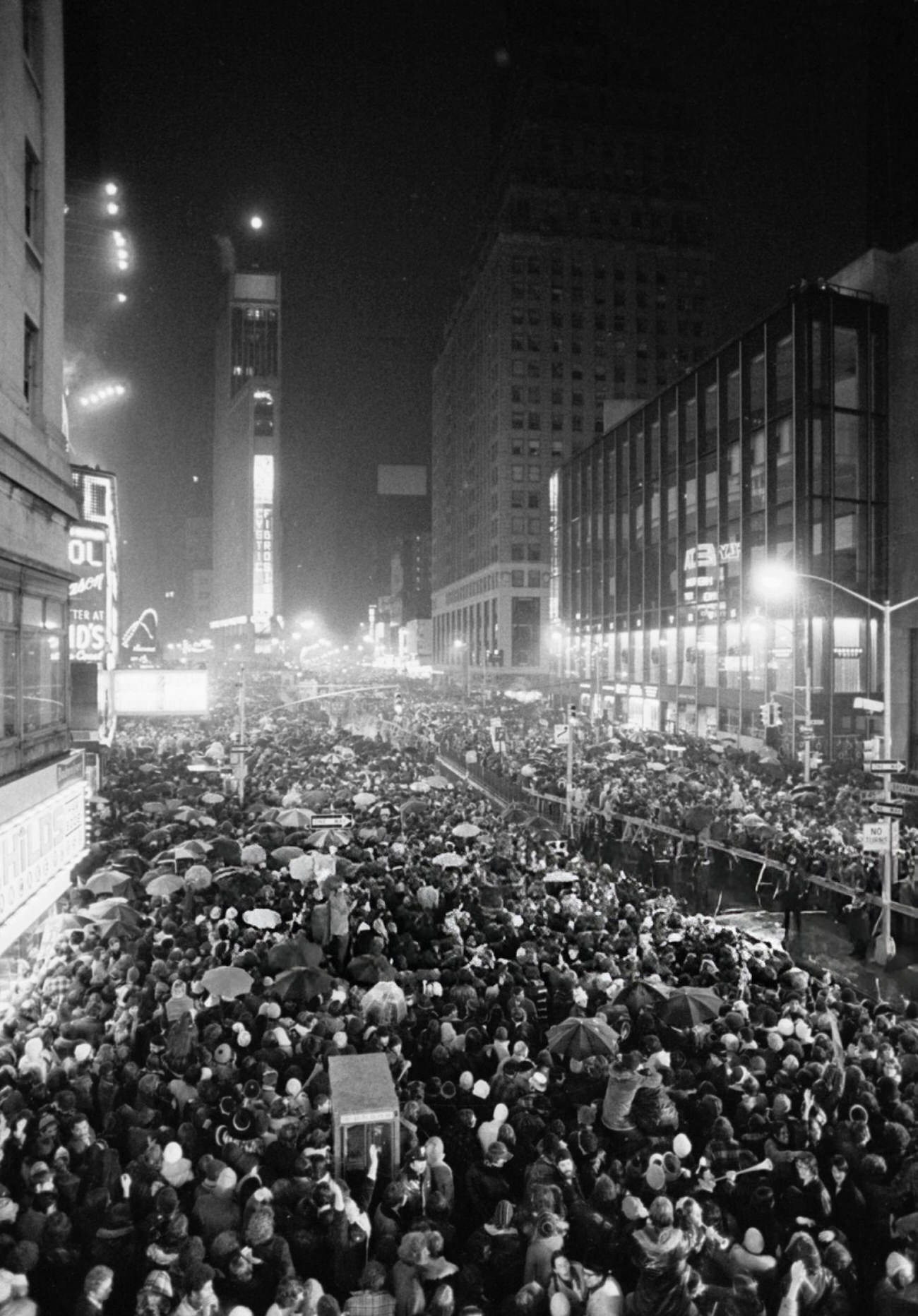 Street New Year's Eve celebrations in Times Square, New York City, 1975.