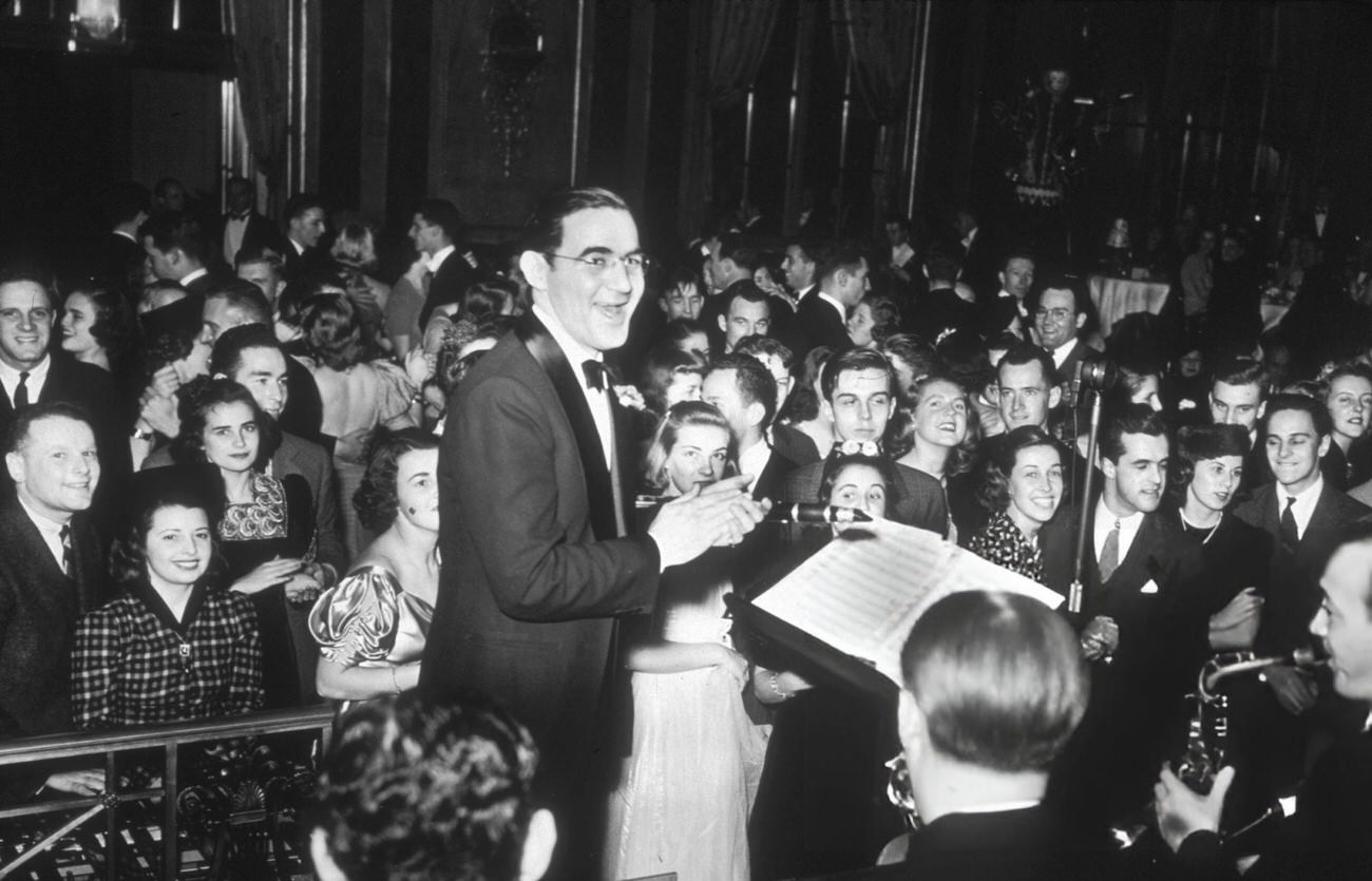 Benny Goodman and his orchestra playing at a New Year's Eve dance at the Waldorf Astoria, New York City, 1938.