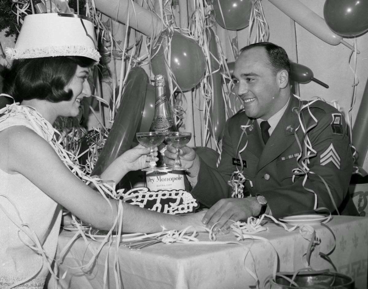 A Vietnam veteran on a New Year's Eve date at the New Yorker hotel, 1966.