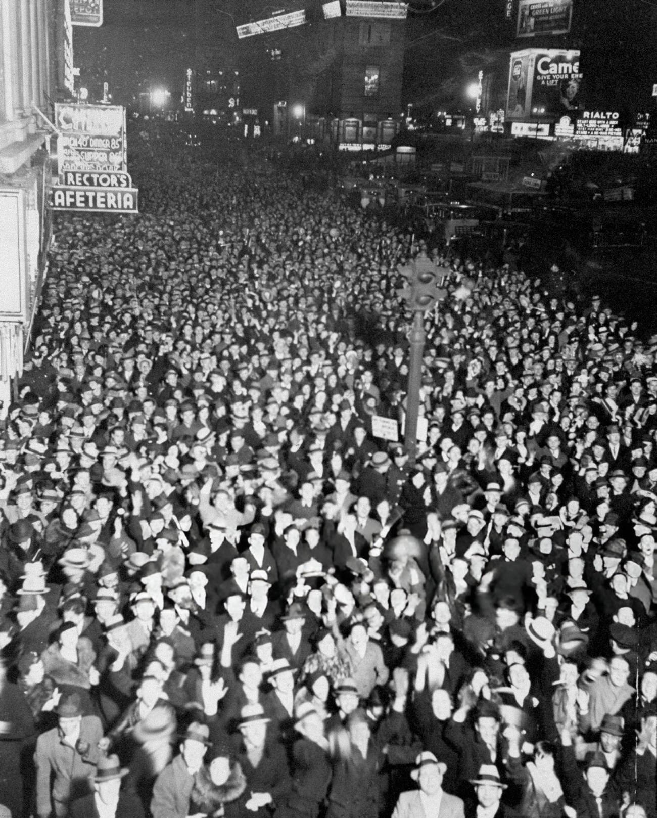 Crowds in Times Square on New Year's Eve, 1936.