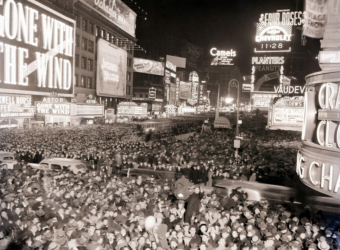 Times Square looking north from 45th Street and Broadway on New Year's Eve, 1939.