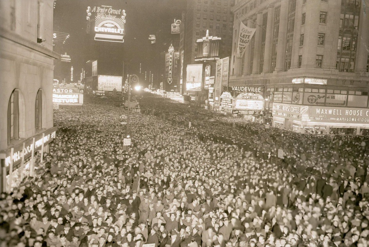 Cheering crowd on New Year's Eve in Times Square, New York City, 1941.