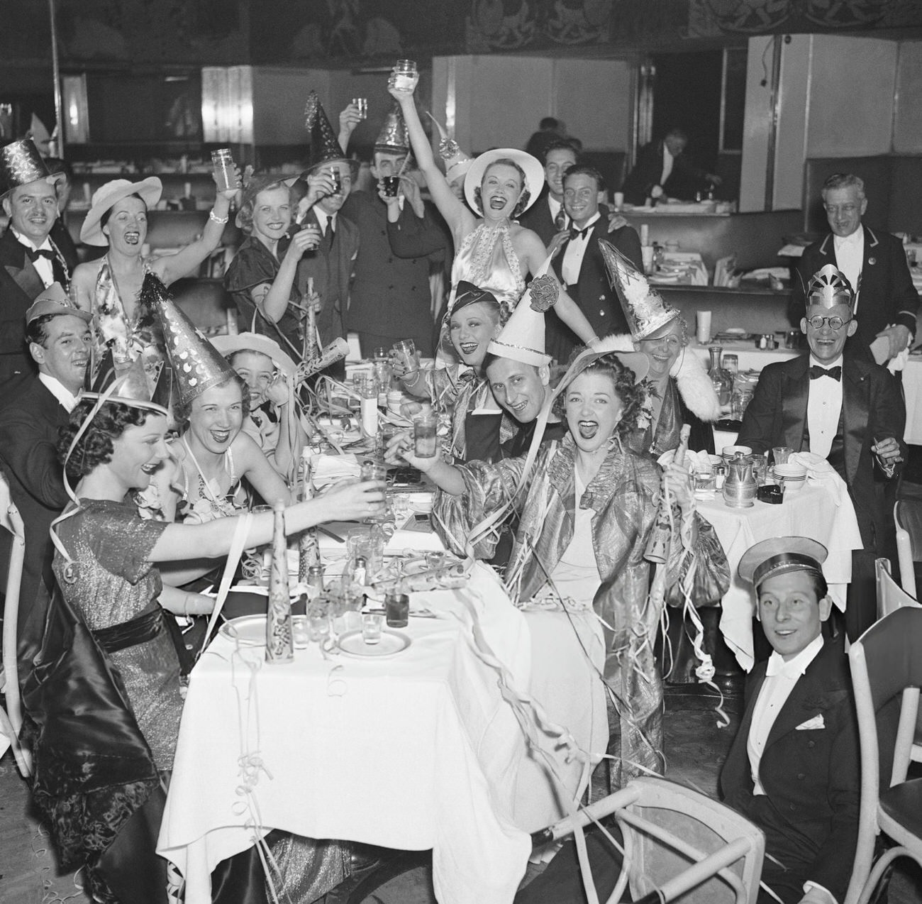 New Year's Eve celebration on the Bowery, New York City, 1936.