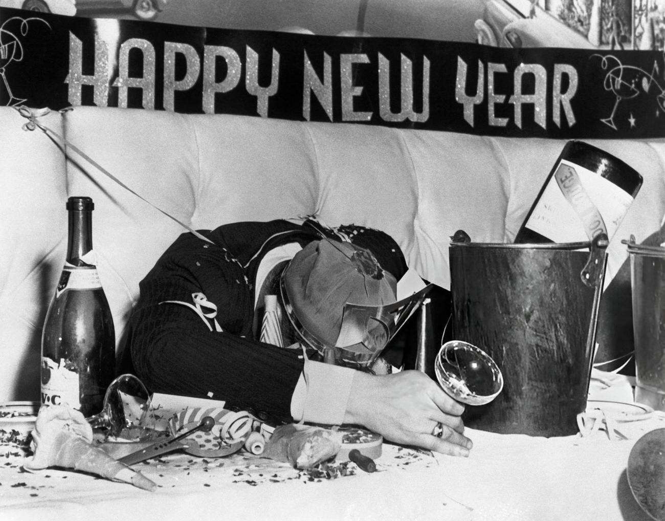 A passed-out New Year's Eve reveler at the Palm Beach Club, New York City, 1947.