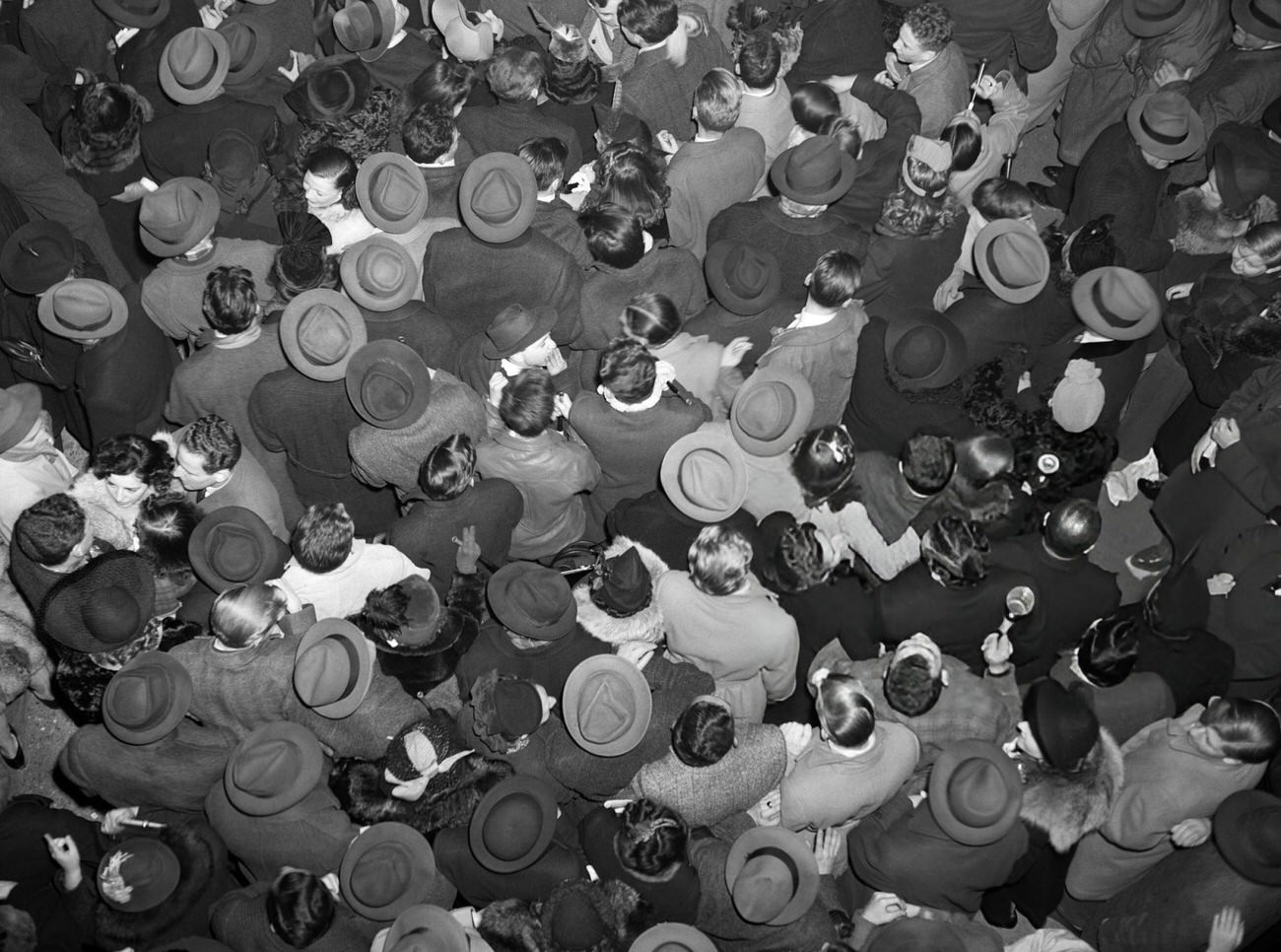 Aerial view of a New Year's Eve crowd in Times Square, New York City, 1950s.