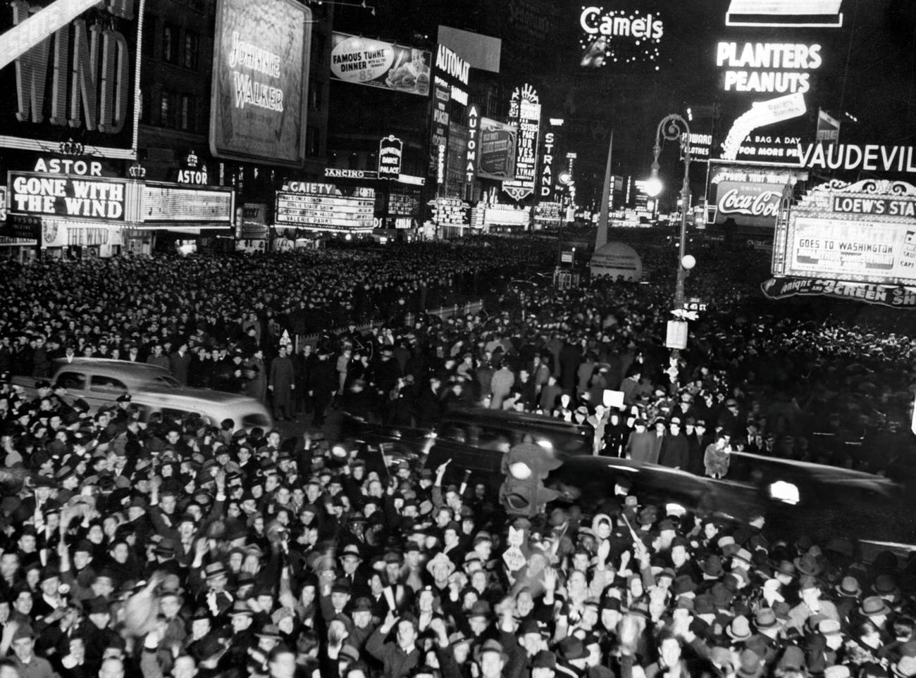 New Year's celebration in Times Square, New York City, 1950s.