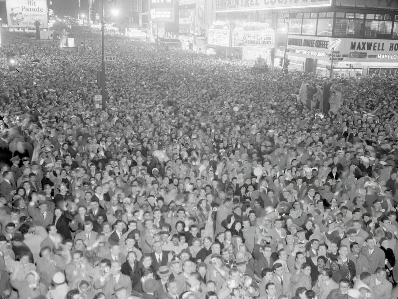 New Year's Eve crowd in Times Square, New York City, 1950s.