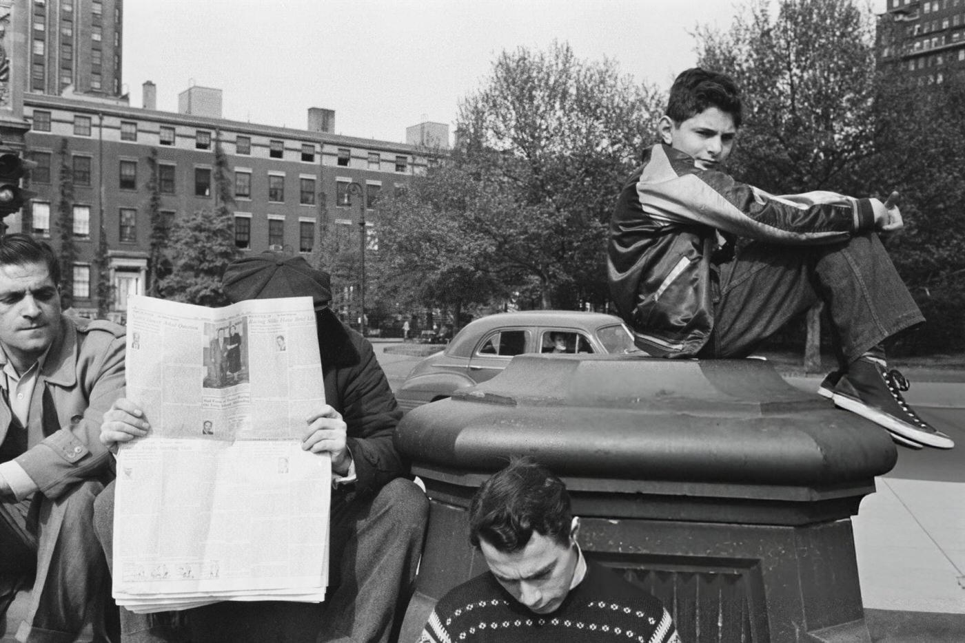 A group of men and boys in Greenwich Village, 1954.