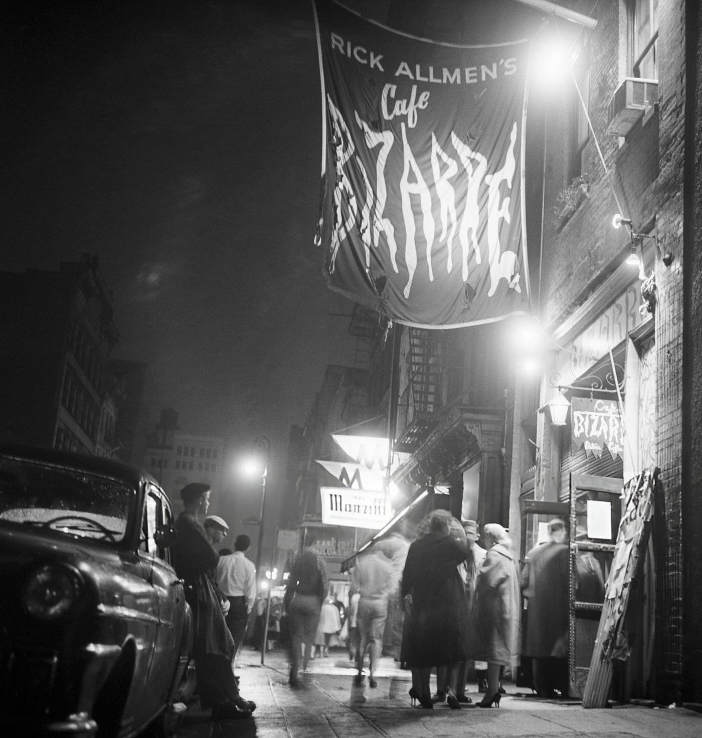 Crowd outside Rick Allmen's Cafe Bizarre in Greenwich Village, 1959.