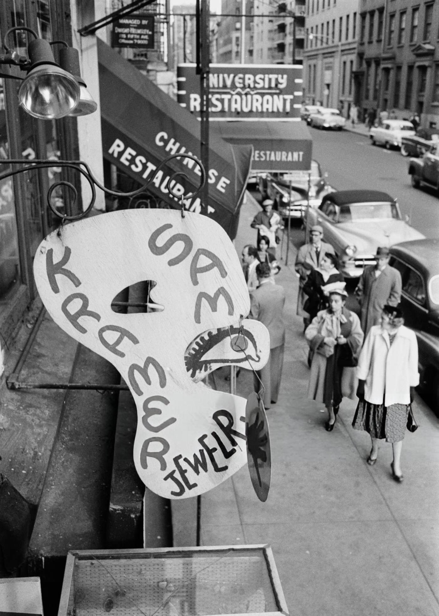 The Sam Kramer jewellery store and University Restaurant in Greenwich Village, 1954.