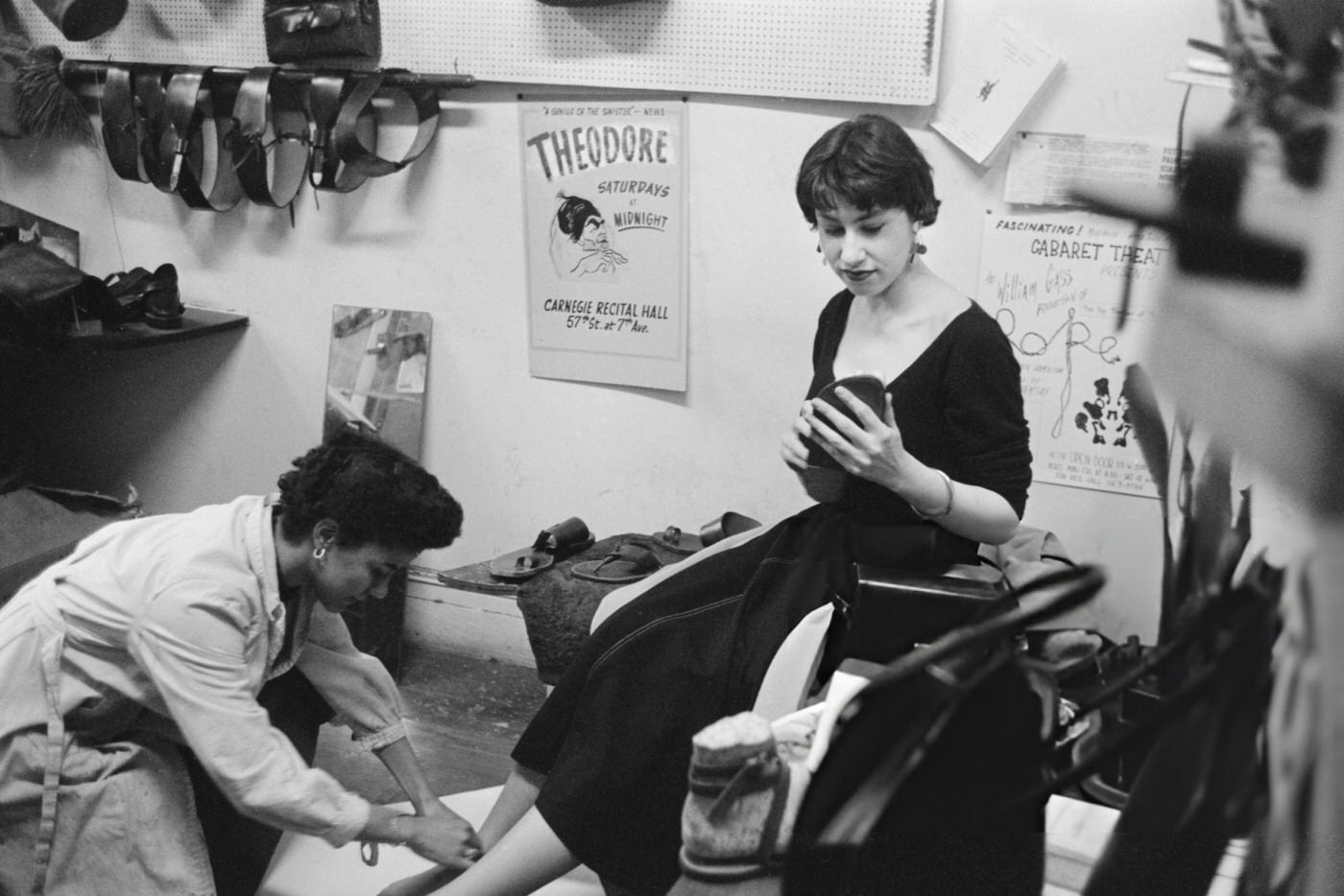 A leather shop selling sandals in Greenwich Village, 1954.