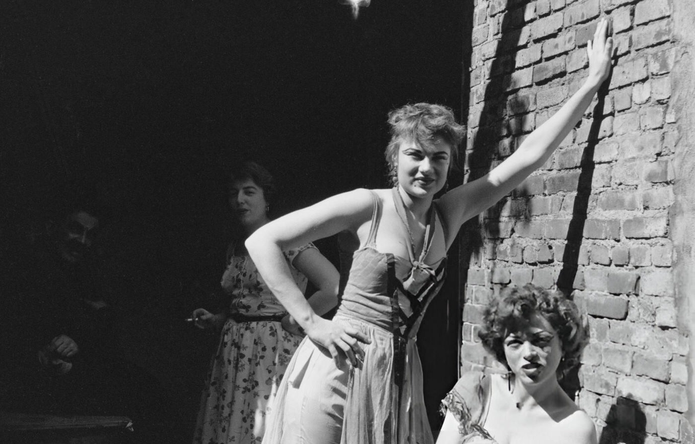 Young actresses outside a theatre in Greenwich Village, 1954.