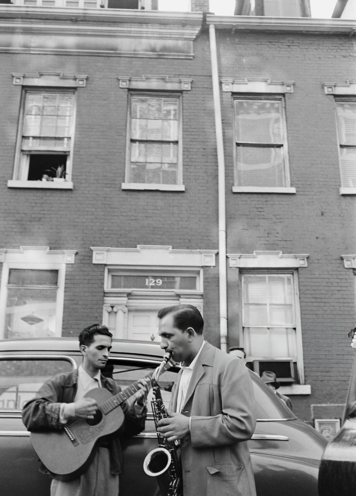 Musicians entertain the public in Greenwich Village, 1954.