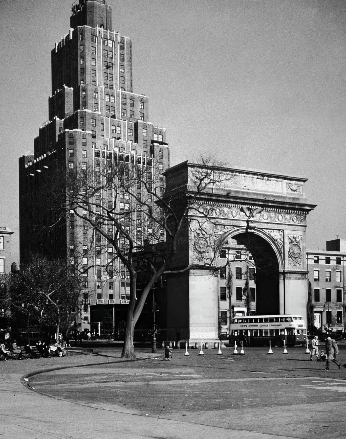 Washington Square Arch and One Fifth Avenue, 1950s.