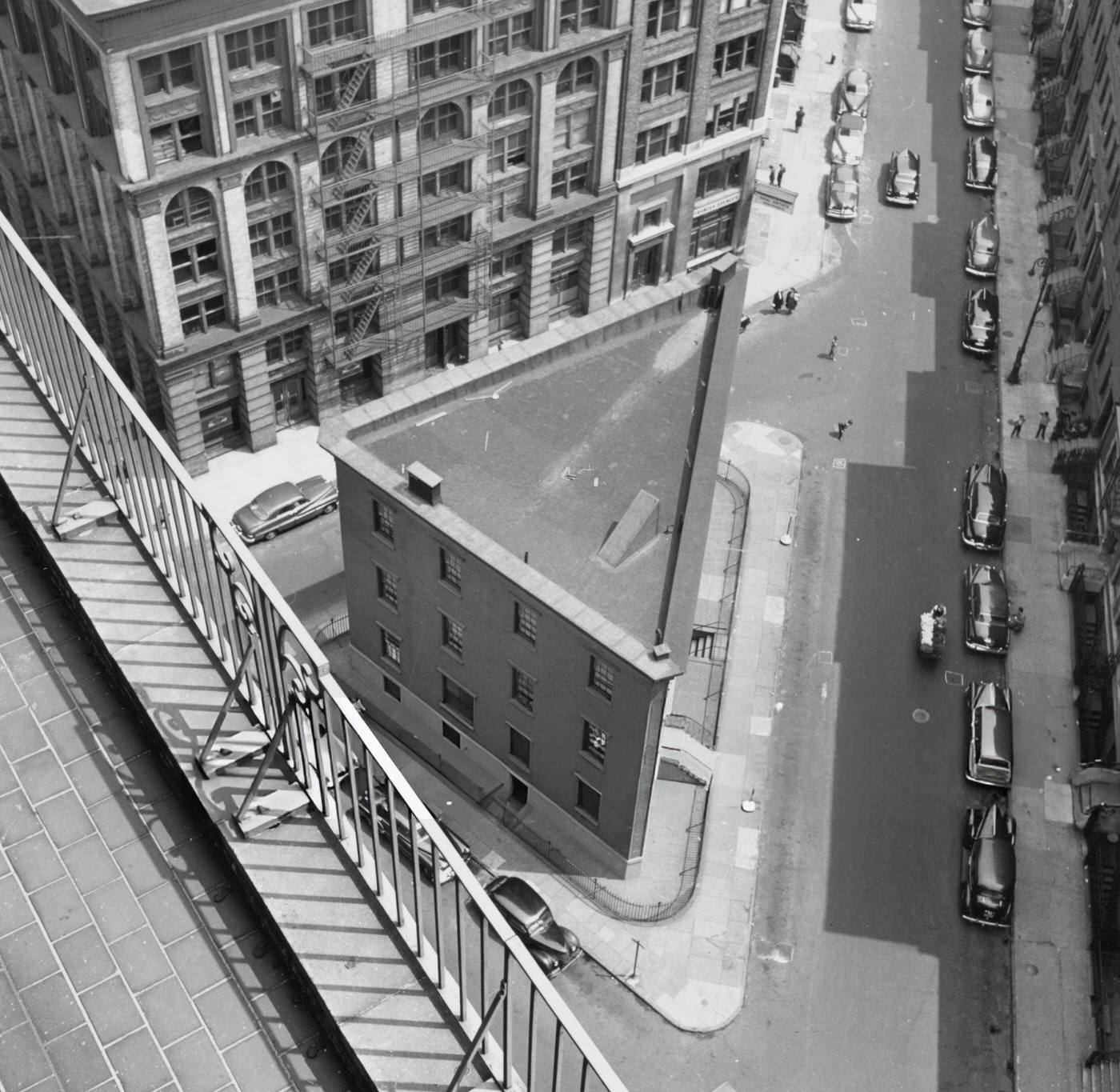 High angle view of the triangular Northern Dispensary building in Greenwich Village, 1951.