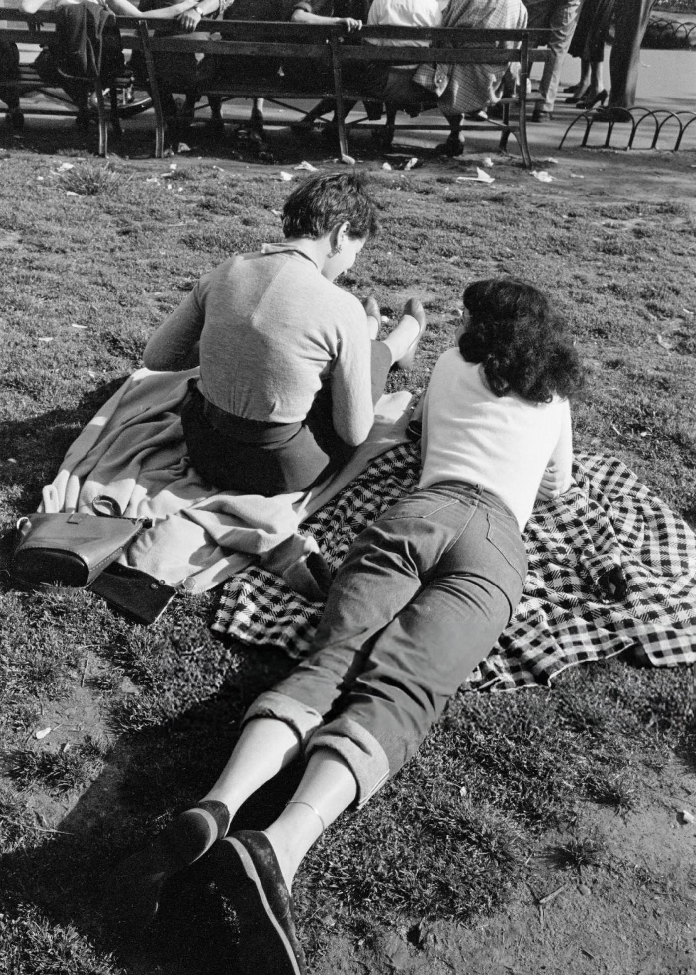 Young women in a park in Greenwich Village, 1954.