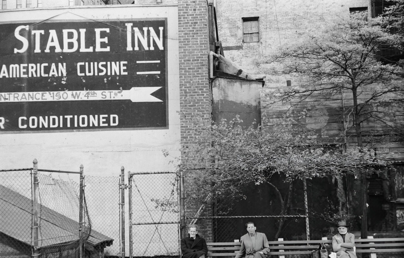 A sign for the Stable Inn serving American Cuisine in Greenwich Village, 1954.