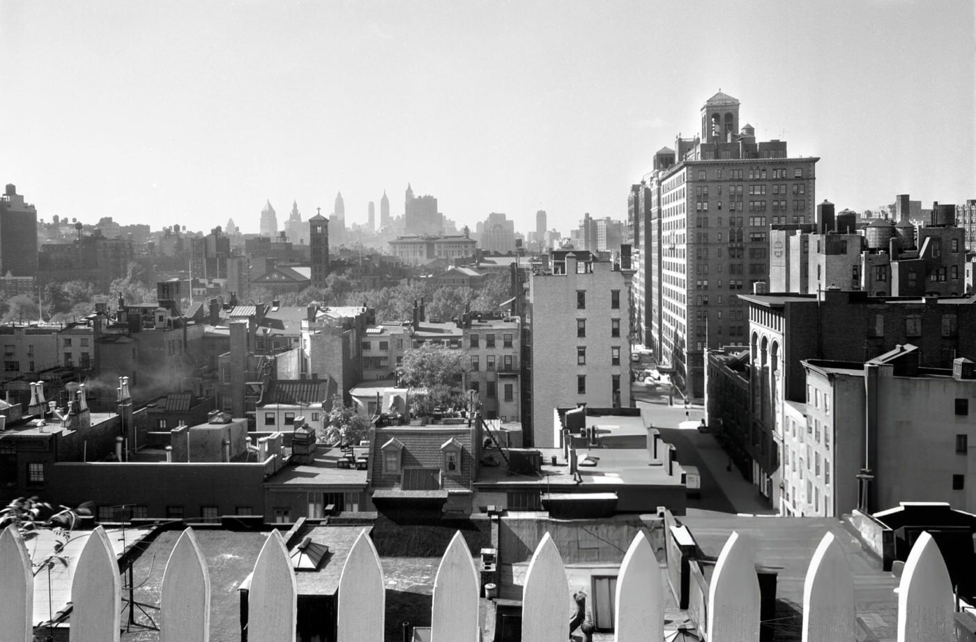 Rooftop view looking south from 26 West 9th Street, Greenwich Village, for 'Person to Person' TV program, 1954.