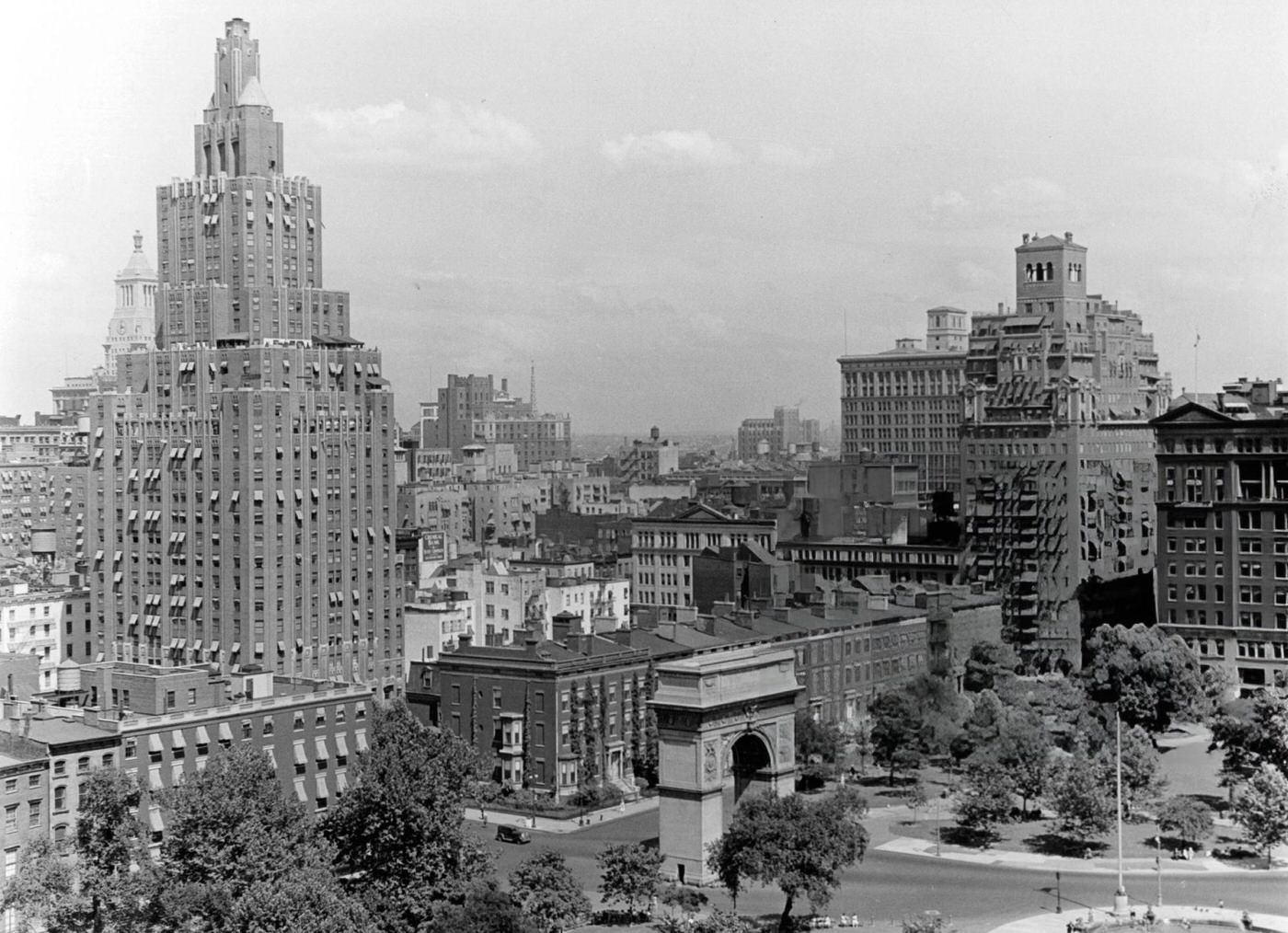 An aerial view of skyscrapers and buildings around Washington Square, 1955.