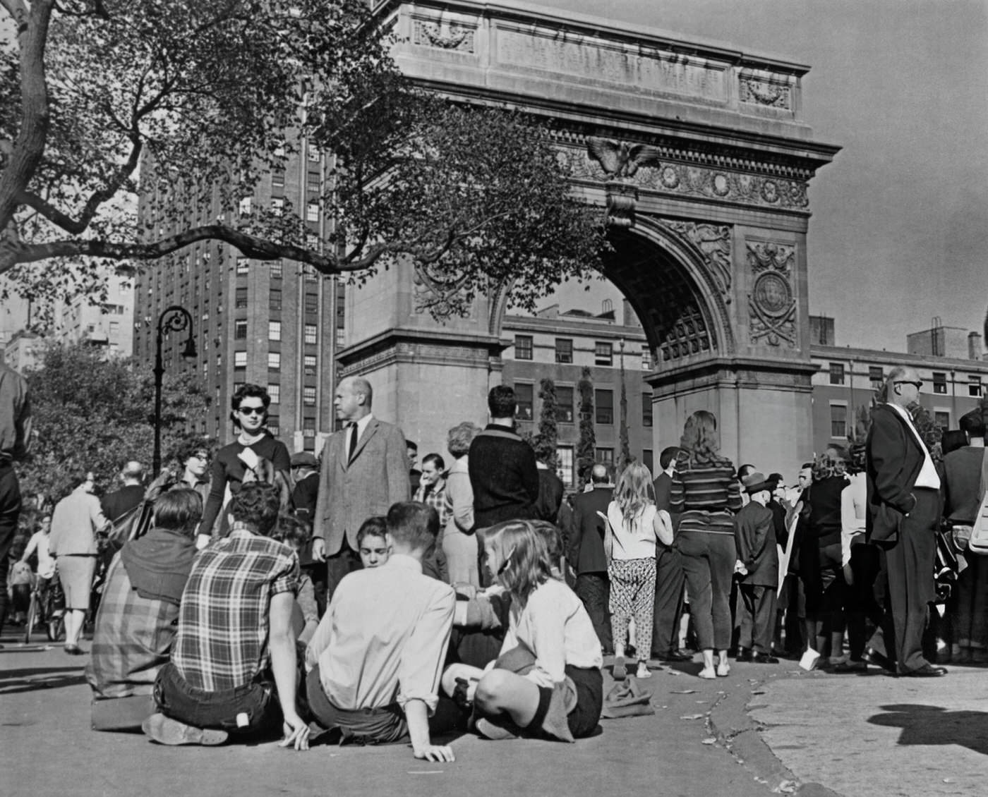 A crowd at an outdoor art exhibition in Washington Square Park, 1955.