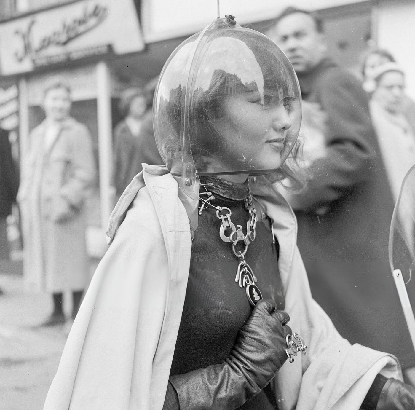 A 'Space Girl' promotes Sam Kramer's jewellery in Greenwich Village, 1955.