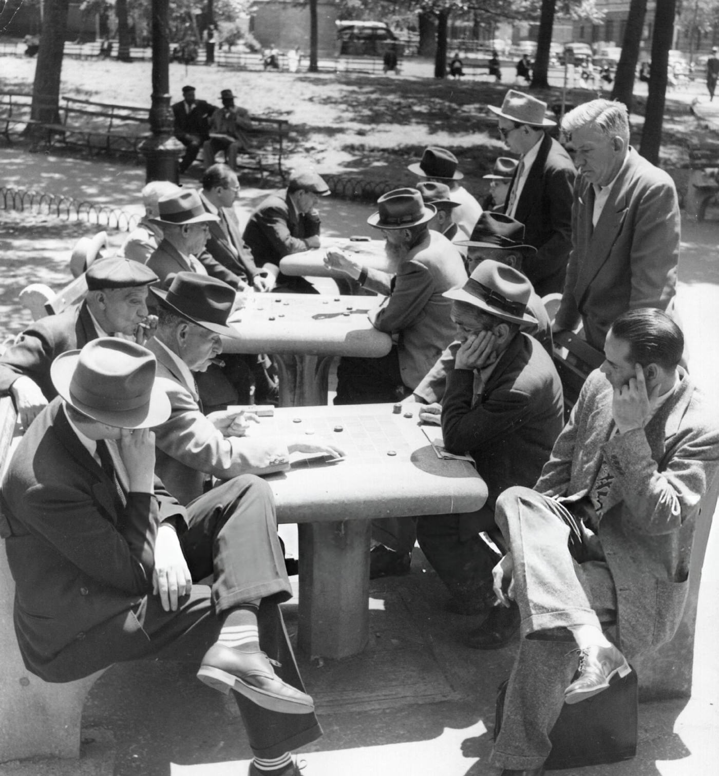 Men playing chess and checkers at Washington Square Park, 1955.