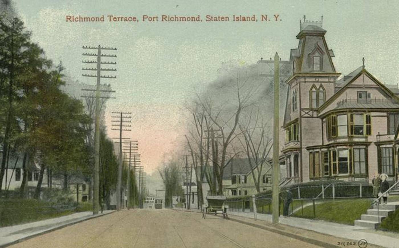 Richmond Terrace, Port Richmond, featuring a wide street, electric poles, and a large Victorian house, 1900s.