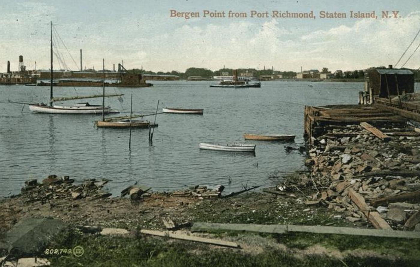 Bergen Point from Port Richmond, featuring an inlet with small boats, 1900s.