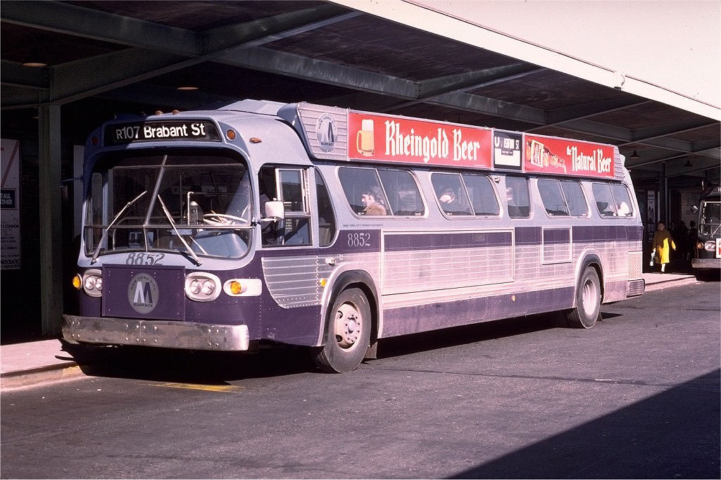 NYCTA No. 8852 working route R107 at St. George Terminal, 1973.