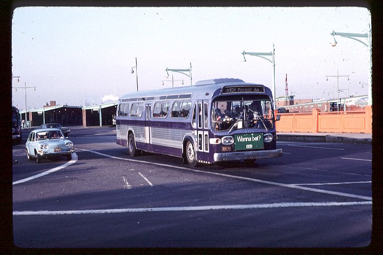 NYCTA No. 3611 working route R101 at St. George Terminal, 1972.