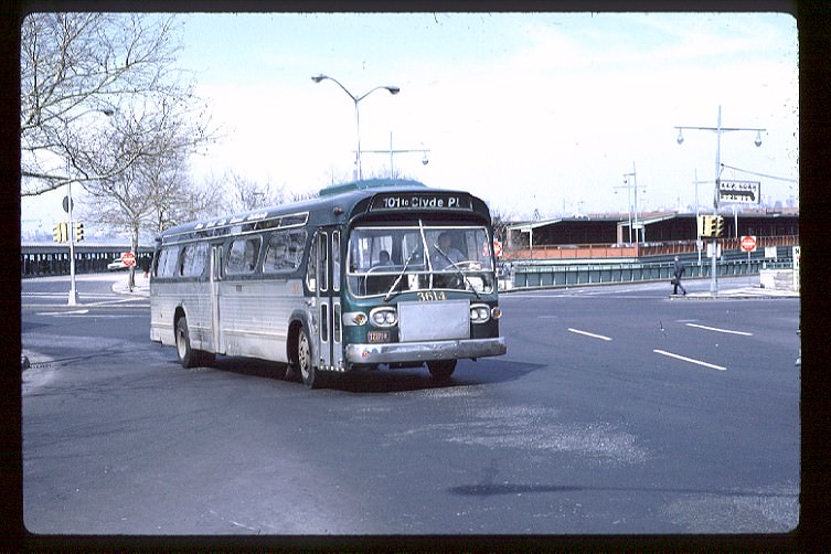 NYCTA No. 3614 working route R101 at Bay Street & Borough Place, 1971.