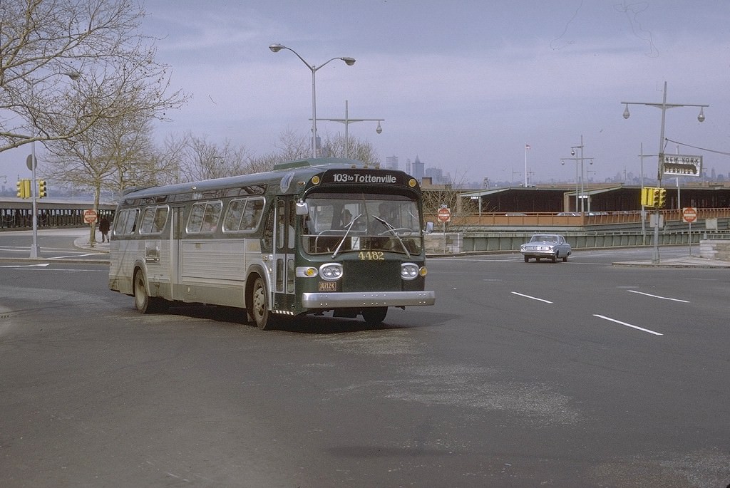 NYCTA No. 4482 working route R103 at Bay Street & Borough Place, 1971.