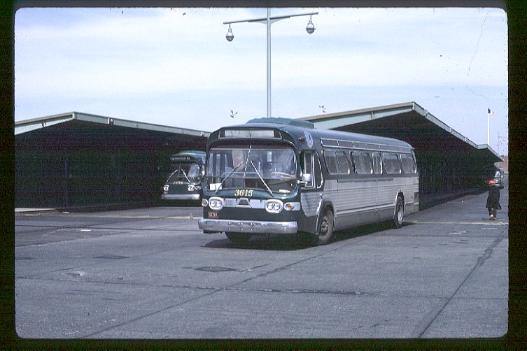 NYCTA No. 3615 working route R2 at St. George Terminal, 1971.