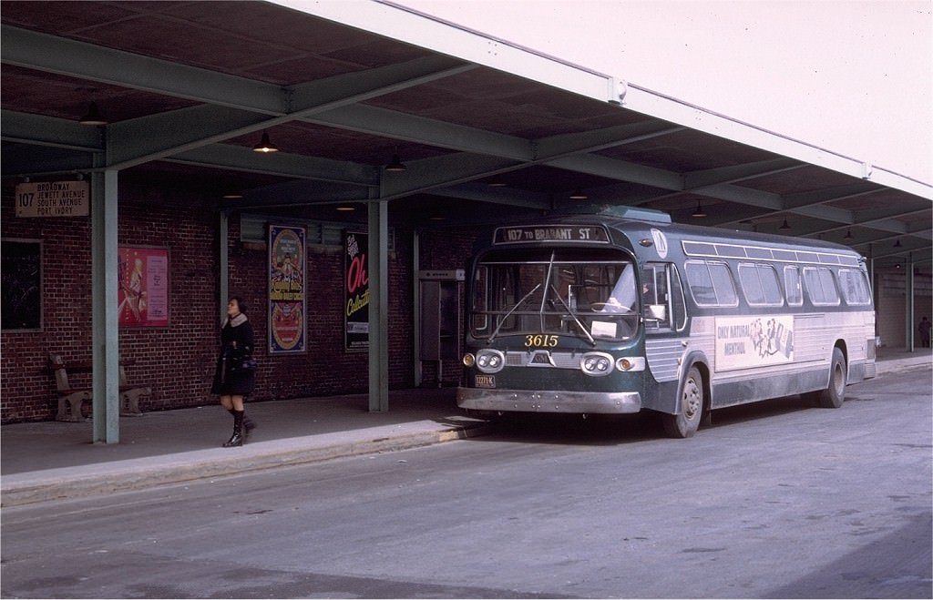 NYCTA No. 3615 working route R107 at St. George Terminal, 1972.