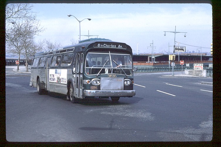 NYCTA No. 3616 working route R6 at Bay Street & Borough Place, 1971.