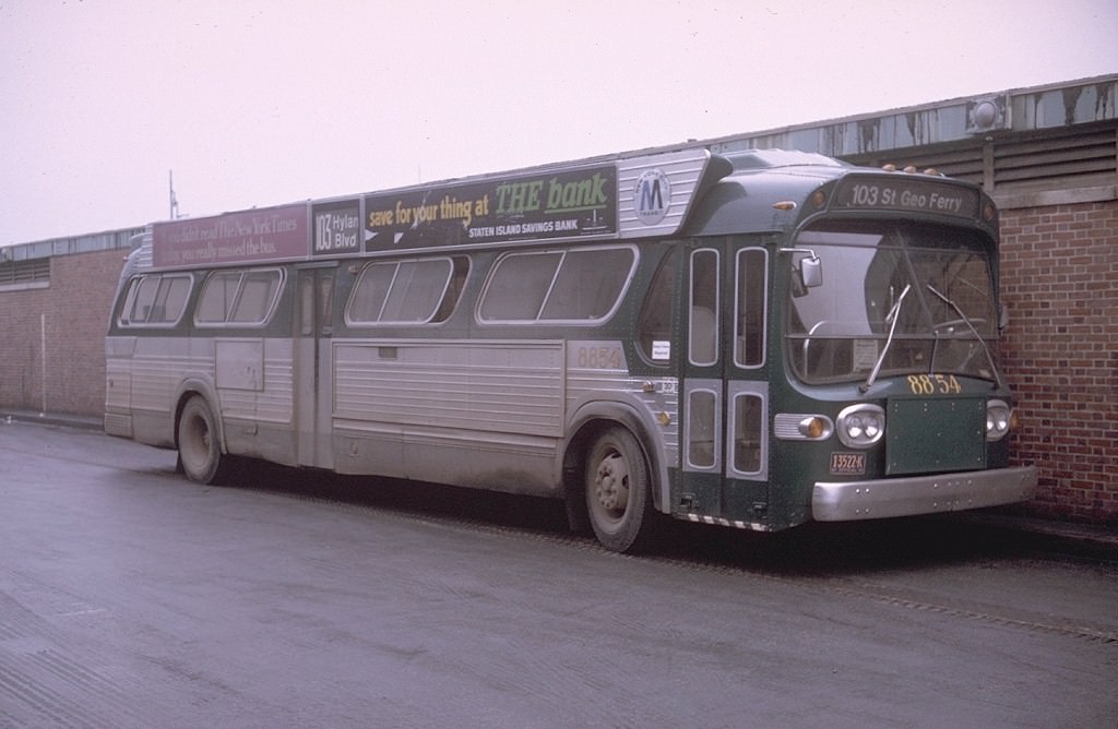 NYCTA No. 8854 working route R103 at St. George Terminal, 1971.