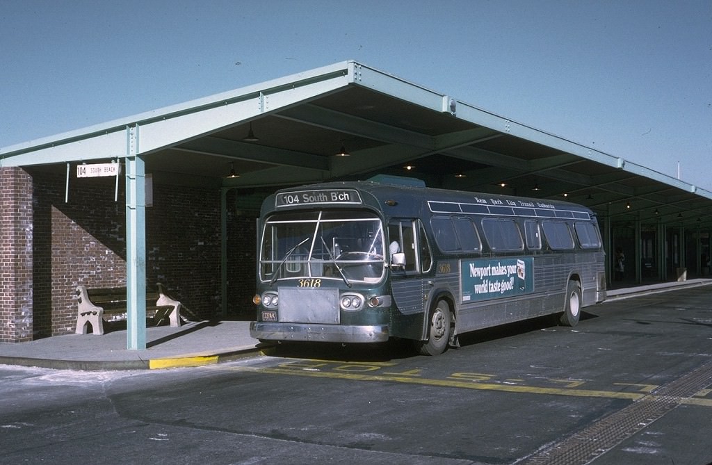 NYCTA No. 3618 working route R104 at St. George Terminal, 1973.