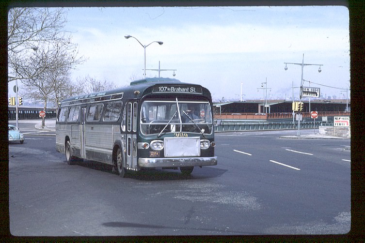 NYCTA No. 3619 working route R107 at Bay Street & Borough Place, 1971.