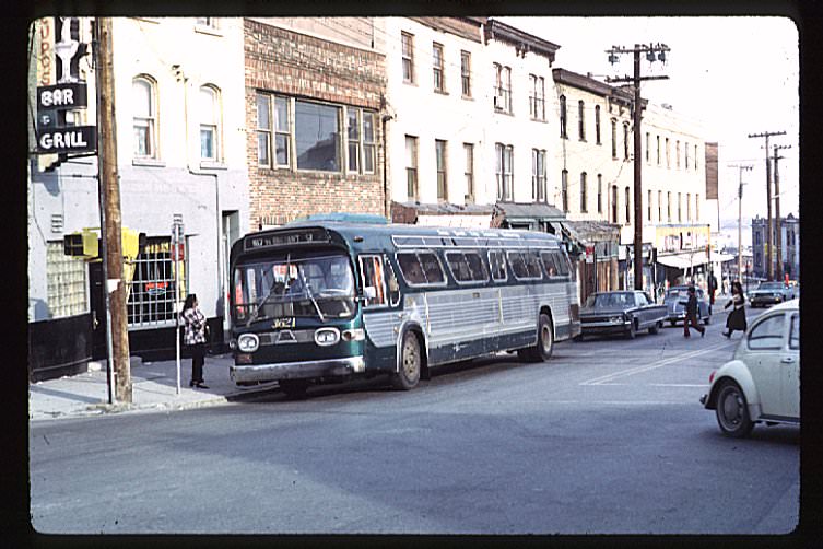 NYCTA No. 3621 working route R107 at Victory Boulevard & Van Duzer Street, 1971.